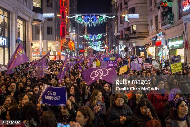 Thousands of demonstrators march down Istanbul's famous Istiklal street during a rally for International Women's Day on March 8, 2017 in Istanbul,...