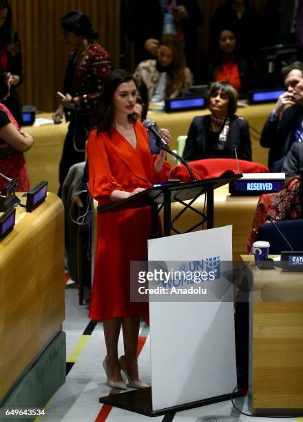 Actress and United Nations goodwill ambassador Anne Hathaway delivers a speech during an event held for International Women's Day at United Nations...