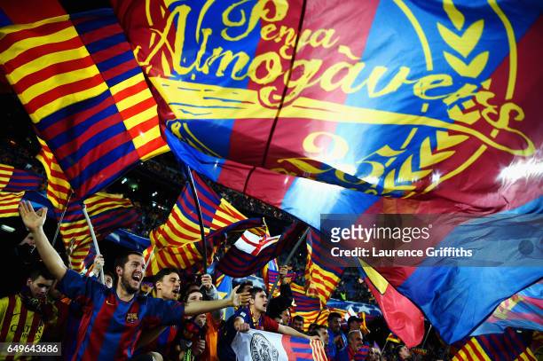 Barcelona fans shows their support prior to the UEFA Champions League Round of 16 second leg match between FC Barcelona and Paris Saint-Germain at...