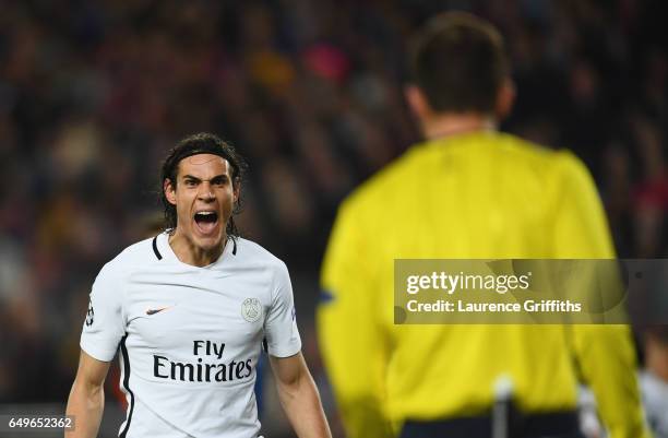 Edinson Cavani of PSG reacts towards the additional assistant referee during the UEFA Champions League Round of 16 second leg match between FC...