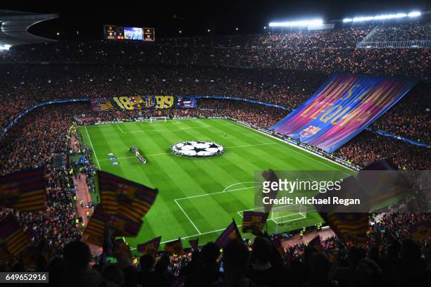 General view as fans show their support as the teams line up prior to the UEFA Champions League Round of 16 second leg match between FC Barcelona and...