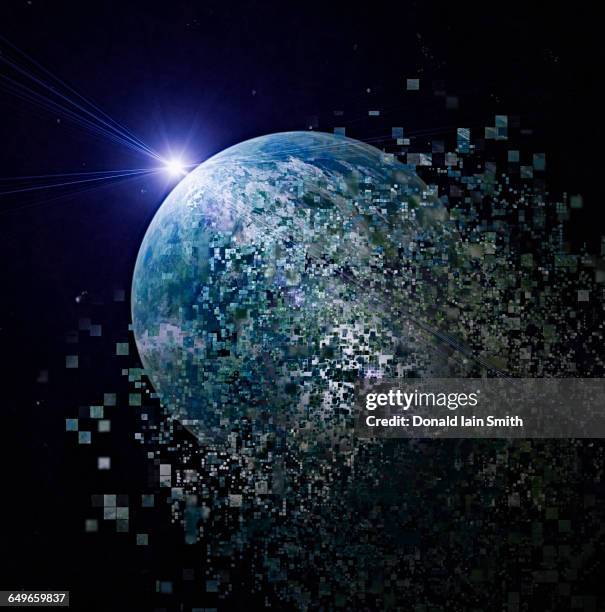 earth dissolving into pixels in outer space - earth destruction stock pictures, royalty-free photos & images