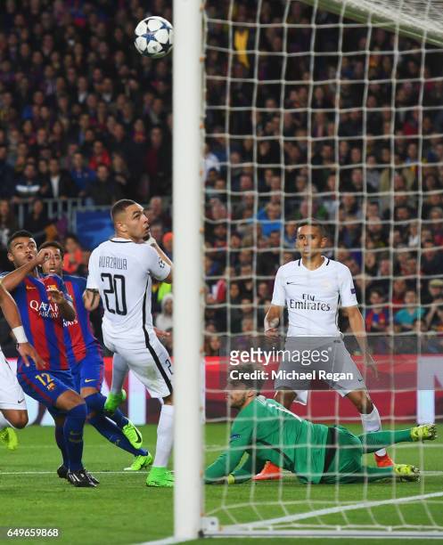 Layvin Kurzawa of PSG scores an own goal for Barcelona's second goal during the UEFA Champions League Round of 16 second leg match between FC...