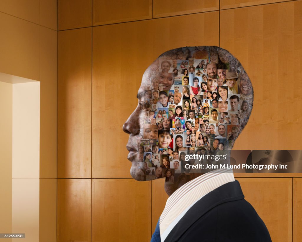 Collage of faces in head of businessman