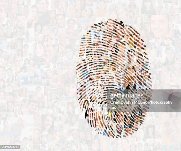 collage of faces in fingerprint - multiculturalismo foto e immagini stock
