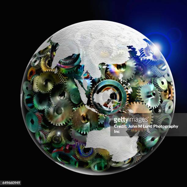 earth made of gears in outer space - planetary gear stock pictures, royalty-free photos & images