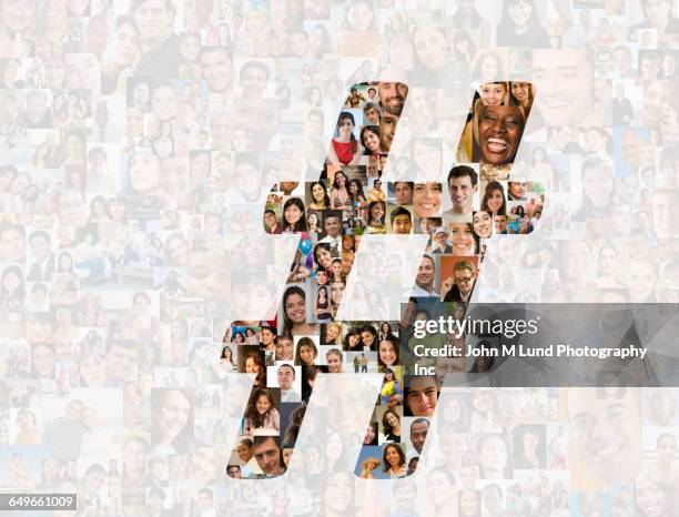 hashtag over collage of smiling faces - hashtag imagens e fotografias de stock