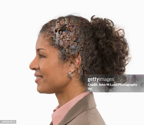profile of businesswoman with collage of faces in hair - kids side view isolated stockfoto's en -beelden