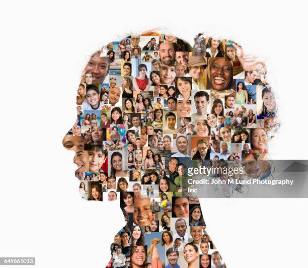 silhouette of businesswoman with collage of faces - native korean stock pictures, royalty-free photos & images
