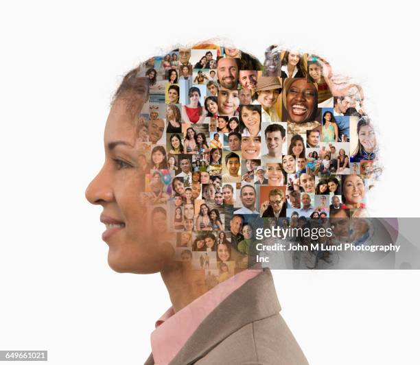 profile of businesswoman with collage of faces in hair - large group of people white background stock pictures, royalty-free photos & images