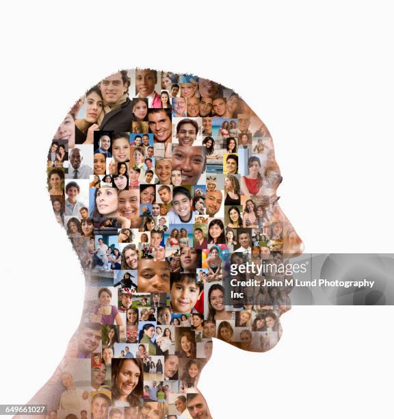 profile of man with collage of faces - native korean stock-fotos und bilder
