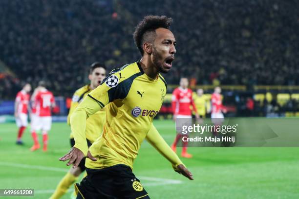Pierre-Emerick Aubameyang of Dortmund celebrates after scoring a goal to make it 1-0 during the UEFA Champions League Round of 16 second leg match...