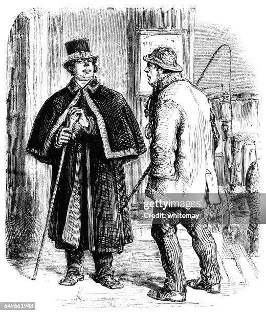 victorian cab driver and beadle talking - cab driver stock illustrations