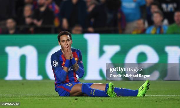 Neymar of Barcelona reacts during the UEFA Champions League Round of 16 second leg match between FC Barcelona and Paris Saint-Germain at Camp Nou on...