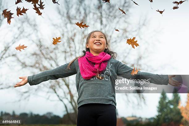 mixed race girl playing in autumn leaves - novato calif stock pictures, royalty-free photos & images
