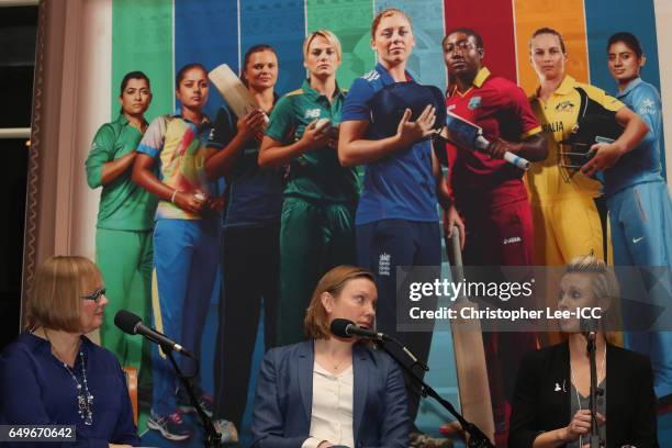 Eleanor Oldroyd of 5Live with Tracey Crouch MP and Alex Danson of England Hockey during the 5Live Panel Discussion during the International Women's...