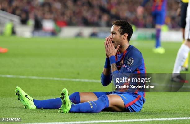 Neymar Jr of Barcelona reacts during the UEFA Champions League Round of 16 second leg match between FC Barcelona and Paris Saint-Germain at Camp Nou...