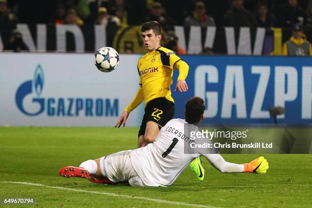 Christian Pulisic of Borussia Dortmund scores his team's second goal to make the score 2-0 during the UEFA Champions League Round of 16 second leg...