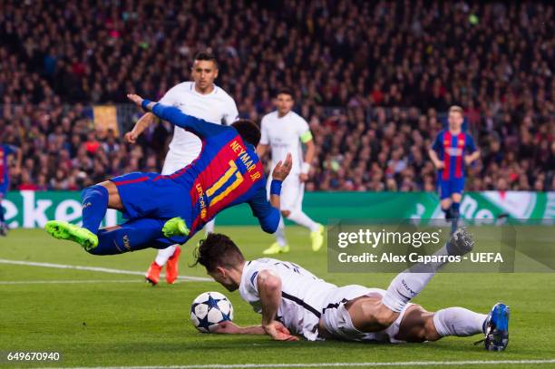 Neymar Santos Jr of FC Barcelona is brought down by Thomas Meunier of Paris Saint-Germain inside the penalty area during the UEFA Champions League...