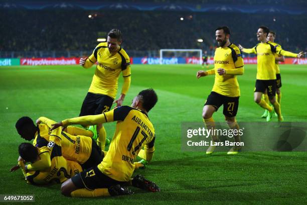 Christian Pulisic of Borussia Dortmund celebrates after he shoots and scores his teams second goal with team mates during the UEFA Champions League...