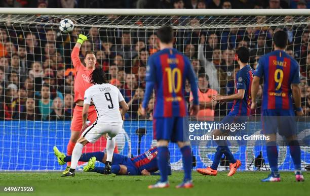 Edinson Cavani of Edinson Cavani of PSG scores their first goal past goalkeeper Marc-Andre ter Stegen of Barcelona during the UEFA Champions League...