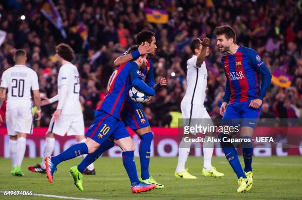 Lionel Messi of FC Barcelona celebrates with his teammates Neymar Santos Jr and Gerard Pique after scored his team's third goal during the UEFA...