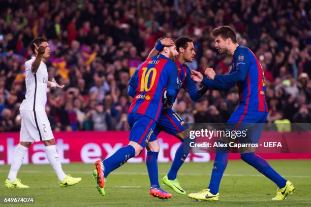 Lionel Messi of FC Barcelona celebrates with his teammates Neymar Santos Jr and Gerard Pique after scoring his team's third goal during the UEFA...