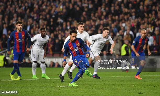 Neymar of Barcelona scores their fifth goal from a penalty during the UEFA Champions League Round of 16 second leg match between FC Barcelona and...