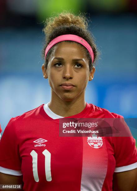 Desiree Scott of Canada during the Group B 2017 Algarve Cup match between Portugal and Japan at the Estadio Algarve on March 06, 2017 in Faro,...