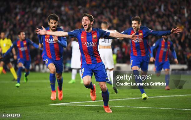 Sergi Roberto of Barcelona celebrates as he scores their sixth goal during the UEFA Champions League Round of 16 second leg match between FC...