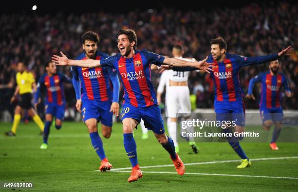 Sergi Roberto of Barcelona celebrates as he scores their sixth goal during the UEFA Champions League Round of 16 second leg match between FC...