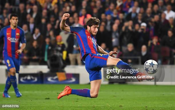 Sergi Roberto of Barcelona scores their sixth goal during the UEFA Champions League Round of 16 second leg match between FC Barcelona and Paris...