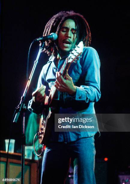 Bob Marley and The Wailers perform on stage at the Odeon, Birmingham, United Kingdom, 18 July 1975.