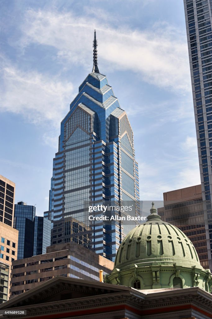 One Liberty place skyscraper in Philadelphia against blue skies