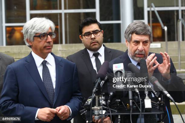 From left to right: attorneys Theodore J. Boutrous, Jr., Luis A. Cortes Romero and Mark Rosenbaum, speak to the press outside the courthouse where...