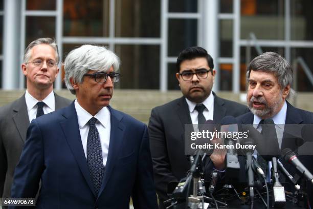 From left to right: attorneys Erthan Dettmer, Theodore J. Boutrous, Jr., Luis A. Cortes Romero and Mark Rosenbaum, speak to the press outside the...