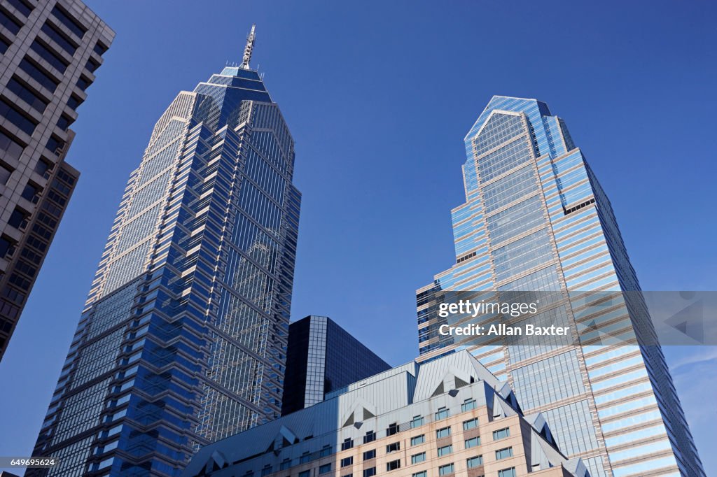 Liberty Place skyscrapers against blue skies