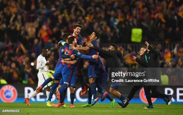 Barcelona players celebrate victory after the UEFA Champions League Round of 16 second leg match between FC Barcelona and Paris Saint-Germain at Camp...