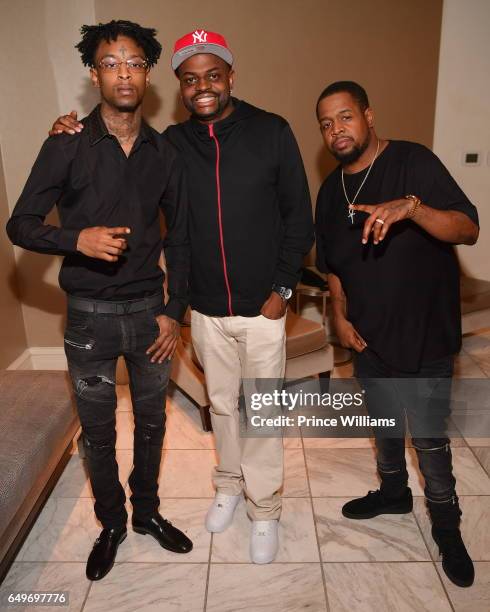 Savage, Manny Halley and Chubbie Baby attend a Private Dinner Supporting Candidate Kwanza Hall at the Georgian Terrace Hotel on March 7, 2017 in...