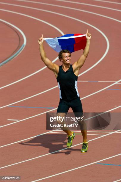 russian athlete celebration. - track and field athlete stock pictures, royalty-free photos & images