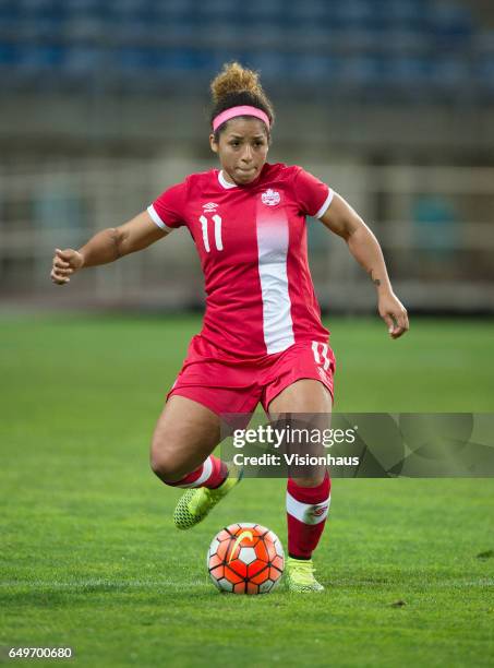 Desiree Scott of Canada during the Group B 2017 Algarve Cup match between Portugal and Canada at the Estadio Algarve on March 06, 2017 in Faro,...