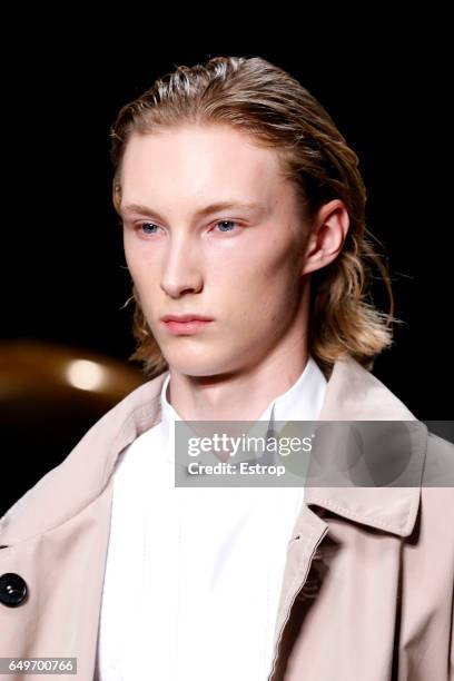 Hairstyle detail at the runway during Burberry show at the London Fashion Week February 2017 collections on February 20, 2017 in London, England.