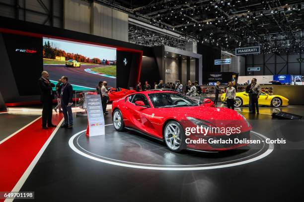 The Ferrari 812 Superfast on display during the second press day of the Geneva Motor Show 2017 at the Geneva Palexpo on March 8, 2017 in Geneva,...