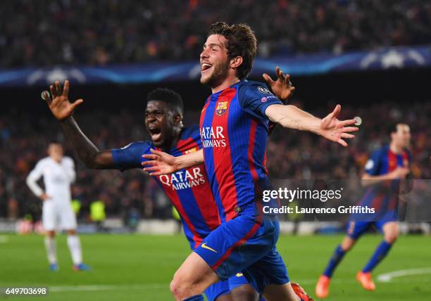 Sergi Roberto of Barcelona celebrates with Samuel Umtiti as he scores their sixth goal during the UEFA Champions League Round of 16 second leg match...