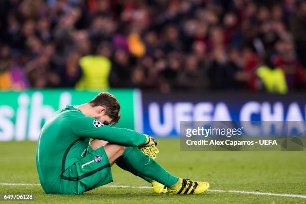 Kevin Trapp of Paris Saint-Germain reacts after the UEFA Champions League Round of 16 second leg match between FC Barcelona and Paris Saint-Germain...