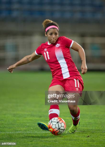 Desiree Scott of Canada during the Group B 2017 Algarve Cup match between Portugal and Canada at the Estadio Algarve on March 06, 2017 in Faro,...