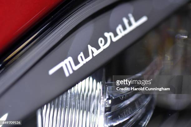 Maserati logo is seen during the 87th Geneva International Motor Show on March 8, 2017 in Geneva, Switzerland. The International Motor Show showcase...
