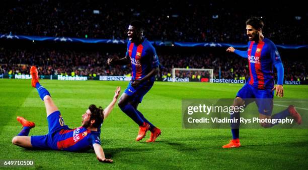 Sergi Roberto of Barcelona celebrates together with Samuel Umtiti and Andre Gomes after scoring his team's six and final goal during the UEFA...