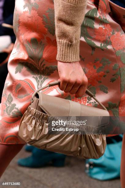 Bag detail at the runway during Christopher Kane show at the London Fashion Week February 2017 collections on February 20, 2017 in London, England.