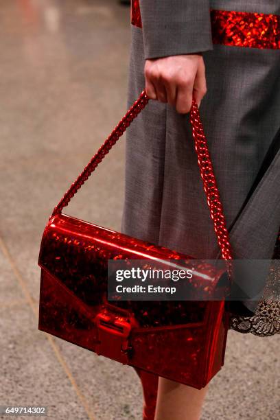 Bag detail at the runway during Christopher Kane show at the London Fashion Week February 2017 collections on February 20, 2017 in London, England.